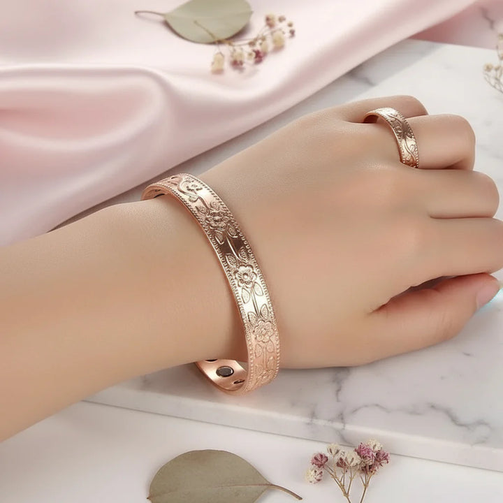 Kupferschmuck Armband & Ring Set mit Magneten im Vintage-Blumen-Design