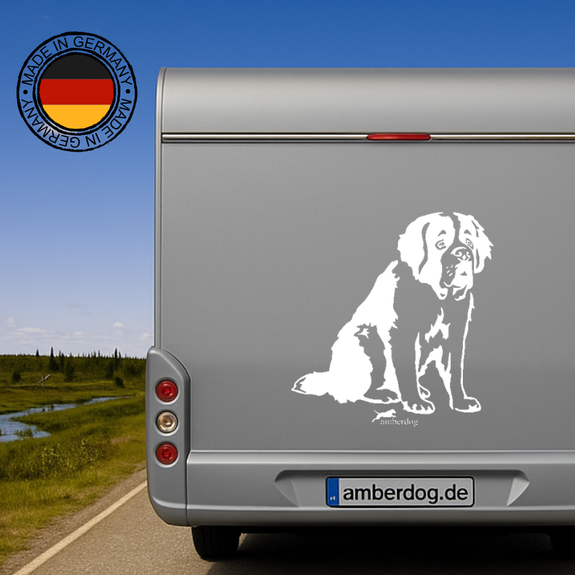 Weißer Bernhardiner Aufkleber auf einem silbernen Wohnmobil – wetterfestes Aufkleber-Motiv von amberdog