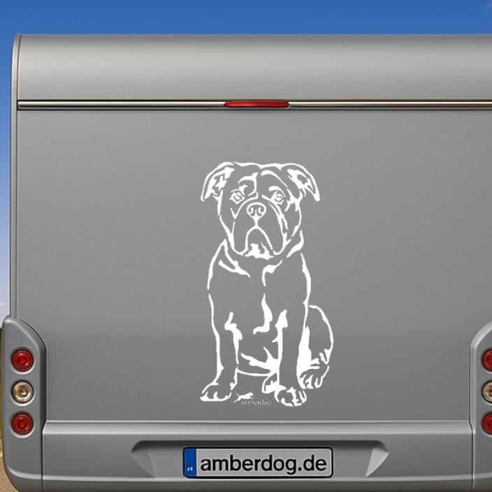 Weißer sitzender Continental Bulldogge Aufkleber am silbernen Wohnmobil-Heck – wetterfestes Wandtattoo- und Autoaufkleber-Motiv von amberdog