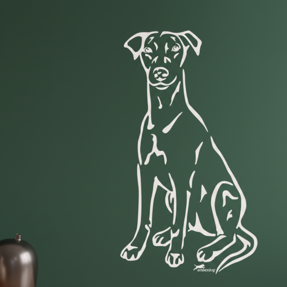 Deutscher Pinscher Aufkleber in Weiß auf dunkelgrünem Hintergrund – wetterfestes Wandtattoo- und Autoaufkleber-Ganzkörpermotiv von amberdog