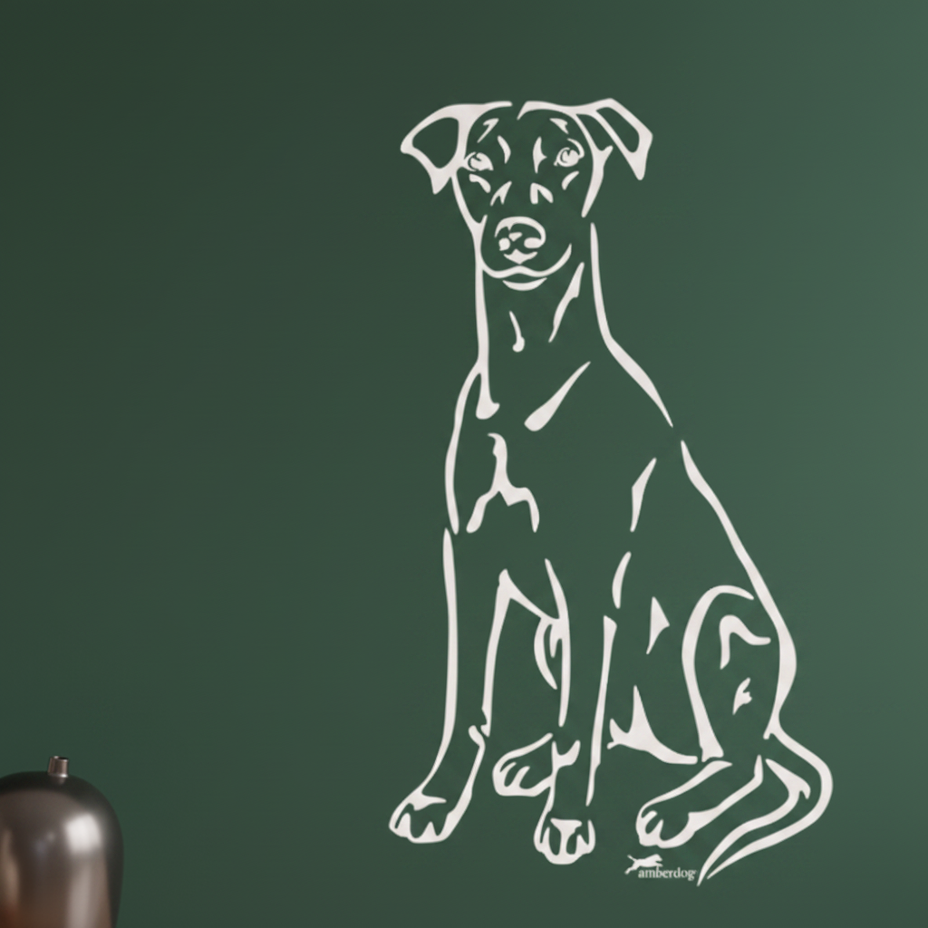 Deutscher Pinscher Aufkleber in Weiß auf dunkelgrünem Hintergrund – wetterfestes Wandtattoo- und Autoaufkleber-Ganzkörpermotiv von amberdog