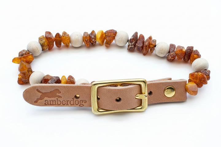 Hundehalskette mit Bernstein und Holzperlen