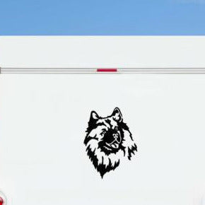 Schwarzer Wolfsspitz Kopf Aufkleber auf der weißen Rückwand eines Wohnmobils vor blauem Himmel, wetterfestes Autoaufkleber-Motiv von amberdog