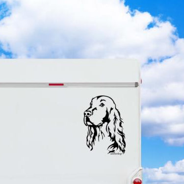 Schwarzer Irish Setter Kopf Aufkleber an einem weißen Wohnmobil – wetterfestes Wandtattoo- und Autoaufkleber-Motiv von amberdog