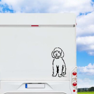 Spanischer Wasserhund Aufkleber in Schwarz am weissen Wohnmobil – wetterfestes Wandtattoo- und Autoaufkleber-Ganzkörpermotiv von amberdog