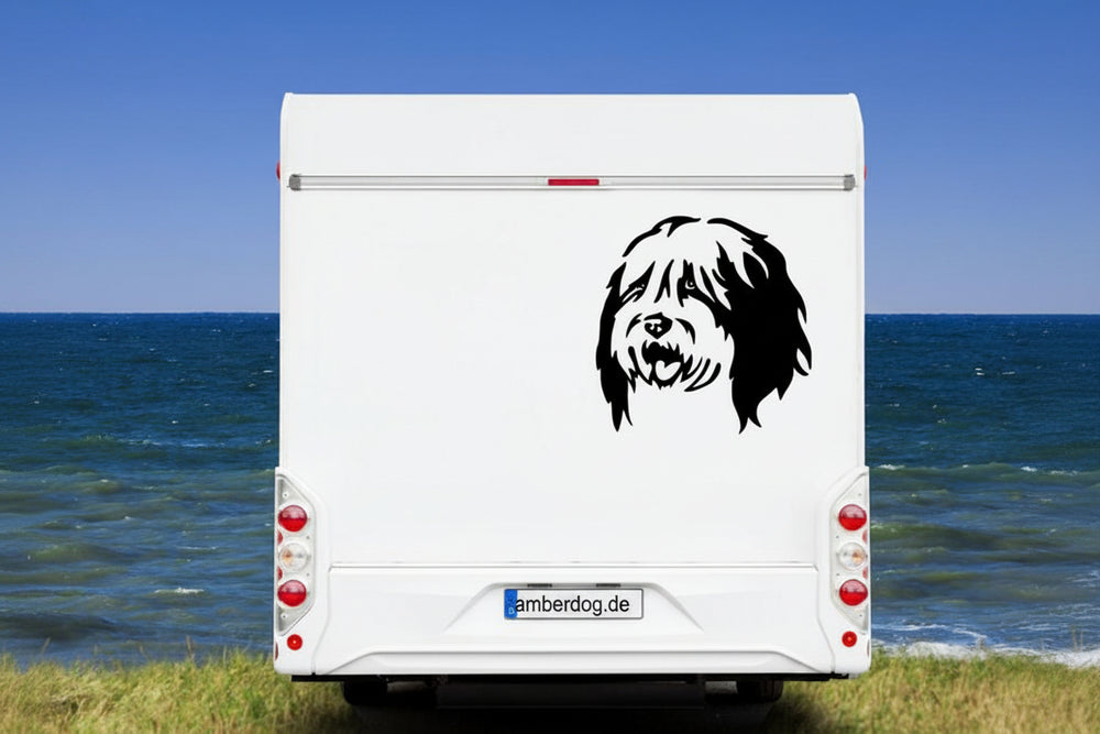 Bobtail Kopf Aufkleber schwarz am Wohnmobil - Hund Autoaufkleber amberdog