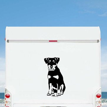 Schwarzer Deutscher Jagdterrier Aufkleber auf einem weißen Wohnmobil unter blauem Himmel – wetterfestes Wohnmobil-Aufkleber-Motiv von amberdog