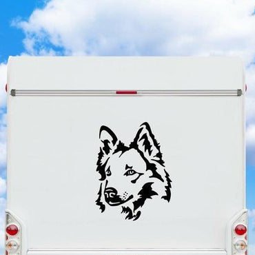 Harzer Fuchs Kopf Aufkleber in Schwarz am weißen Wohnmobil-Heck – wetterfestes Wandtattoo- und Autoaufkleber-Motiv von amberdog