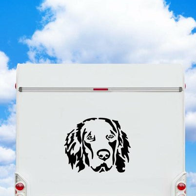 Schwarzer Hovawart Kopf Aufkleber auf einem weißen Wohnmobil – wetterfestes Aufkleber-Motiv von amberdog