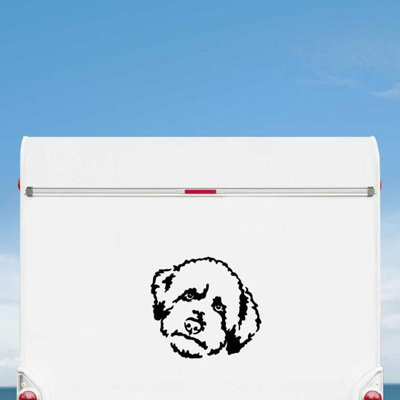 Schwarzer Lagotto Romagnolo Kopf Aufkleber auf einem weißen Wohnmobil – wetterfestes Aufkleber-Motiv von amberdog