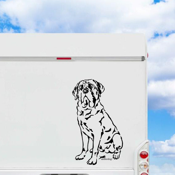 Schwarzer Mastiff Aufkleber auf einem weißen Wohnmobil – wetterfestes Aufkleber-Motiv von amberdog