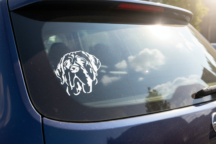 Weißer Mastiff Kopf Aufkleber auf der Heckscheibe eines blauen Autos