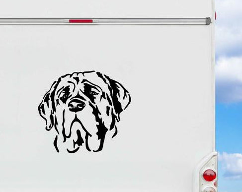 Schwarzer Mastiff Kopf Aufkleber als Wandtattoo auf einem weißen Wohnmobil