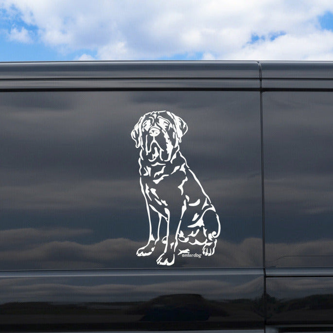 Weißer Mastiff Aufkleber auf einem silbernen Wohnmobil – wetterfestes Aufkleber-Motiv von amberdog