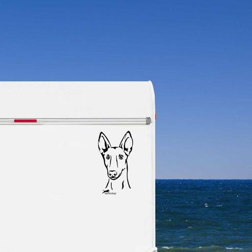 Podenco Kopf Aufkleber in Schwarz am weißen Wohnmobil-Heck vor blauem Himmel am Meer – wetterfestes Wandtattoo- und Autoaufkleber-Motiv von amberdog