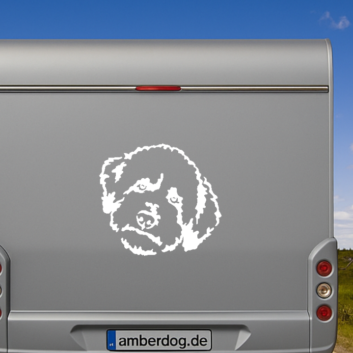 Weißer Lagotto Romagnolo Kopf Aufkleber auf einem silbernen Wohnmobil – wetterfestes Aufkleber-Motiv von amberdog
