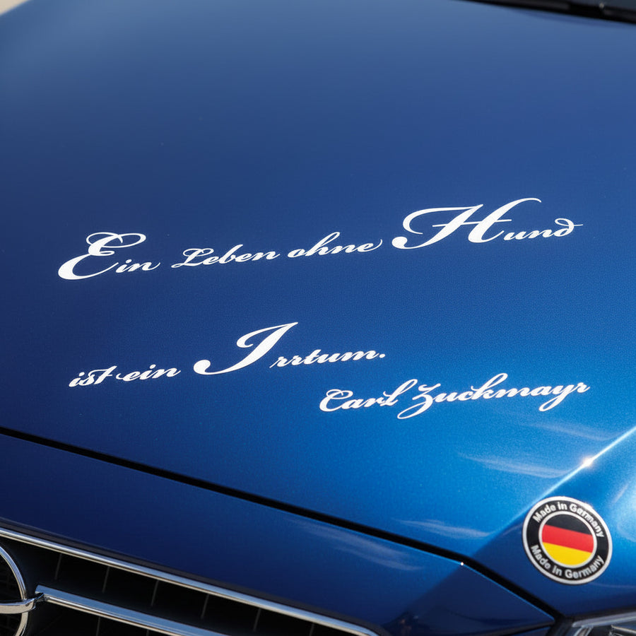 Weißer Aufkleber „Ein Leben ohne Hund ist ein Irrtum“ auf blauer Automotorhaube | amberdog®