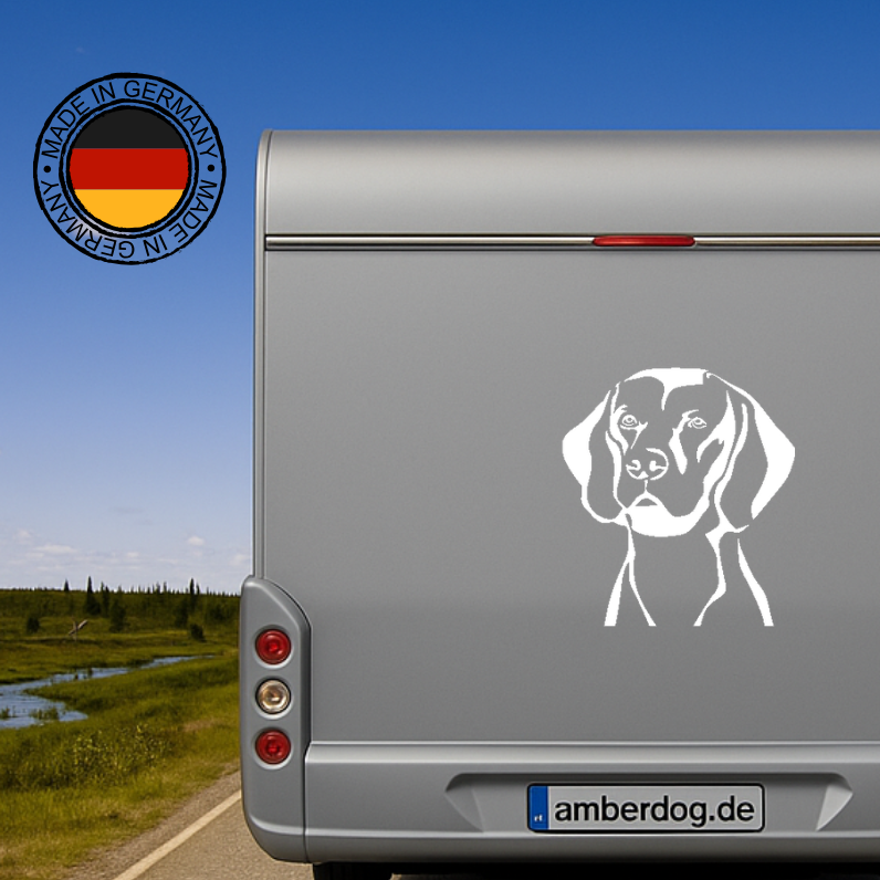 Weißer Magyar Vizsla Kopf Aufkleber auf einem silbernen Wohnmobil – wetterfestes Aufkleber-Motiv von amberdog