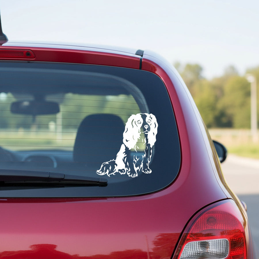 Weißer Cavalier King Charles Spaniel Aufkleber auf der Heckscheibe eines roten Autos – wetterfestes Autoaufkleber-Motiv von amberdog