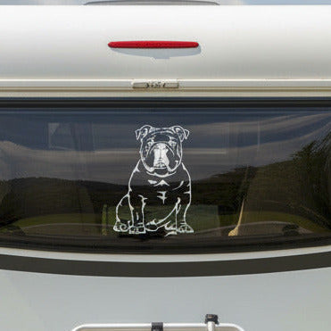 Weißer Englische Bulldogge Ganzkörper Aufkleber auf der Heckscheibe eines Wohnmobils, wetterfestes Autoaufkleber-Motiv von amberdog