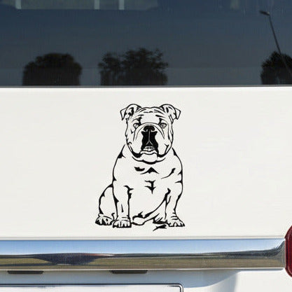 Schwarzer Englische Bulldogge Ganzkörper Aufkleber auf der weißen Tür eines Autos, wetterfestes Aufkleber-Motiv von amberdog