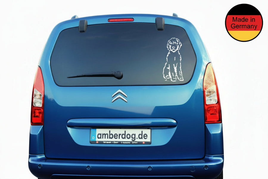 Labradoodle Aufkleber weiß am blauen Auto Heck – Made in Germany | amberdog®