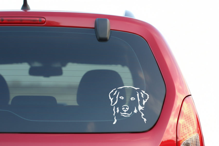 Weißer Maremmano Kopf Aufkleber auf der Heckscheibe eines roten Autos – wetterfestes Autoaufkleber-Motiv von amberdog